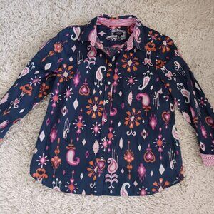 Talbots Petite Ikat Print Cotton Blouse Womens MP Navy Pink Button Front Shirt